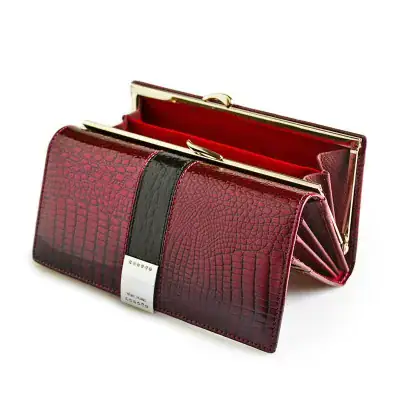 Luxury crocodile leather wallet with red and black accents, featuring multiple card slots and a gold clasp, perfect for sophisticated fashion and optical accessory lovers.