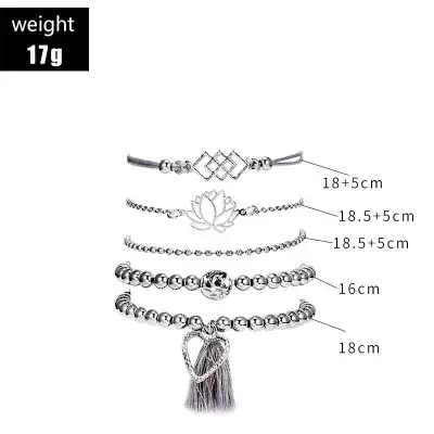 Sterling silver jewelry set with layered bracelets, including a lotus flower charm, beaded designs, and a tassel pendant, perfect for enhancing your beauty with stylish accessories.