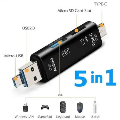 Compact 5 in 1 USB device with micro SD slot, Type-C, USB 2.0, and micro-USB, compatible with wireless LAN, gamepad, keyboard, mouse, and U disk for versatile tech support.