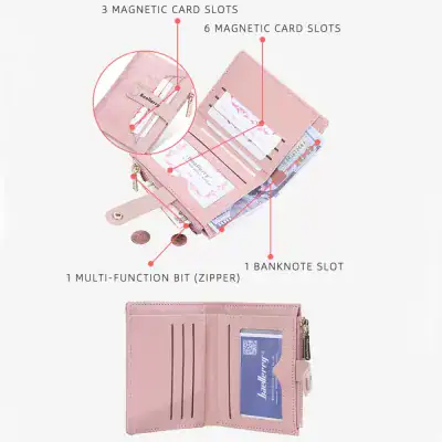Pink wallet with 6 magnetic card slots, coin pocket, and RFID blocking feature, ideal for women seeking a stylish, secure, and functional accessory for daily cash and card organization.