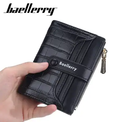 Black leather wallet featuring a crocodile-embossed texture, multiple card slots, and a secure zipper pocket, designed for stylish organization.