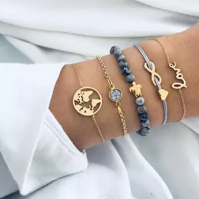 Stylish gold and gemstone beaded bracelets featuring zodiac, love, and inspirational designs from Monalisa Store for women's jewelry collection.