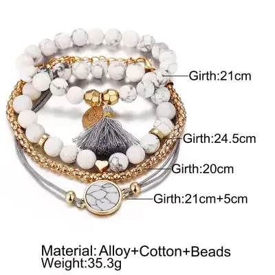 Elegant white marble and gold-tone beaded bracelets for women. Perfect accessory for casual and formal outfits, featuring adjustable sizing and lightweight design.