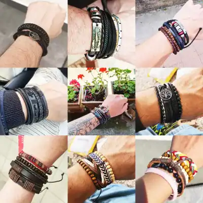 Fashionable men's leather and beaded bracelets for stylish accessories.