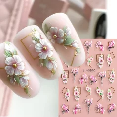 5D cherry blossom and geometric lines nail stickers with gold accents on a white background.