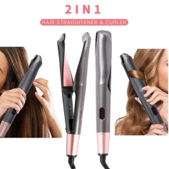 Professional 2-in-1 hair straightener and curler with advanced ionic technology and fast heating feature.