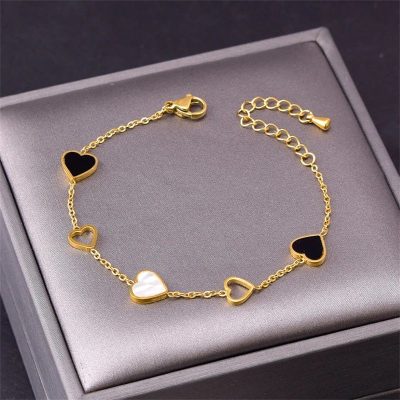 Alternative view of Heart Charm Stainless Steel Bracelet with Natural Seashell Embeds for Women