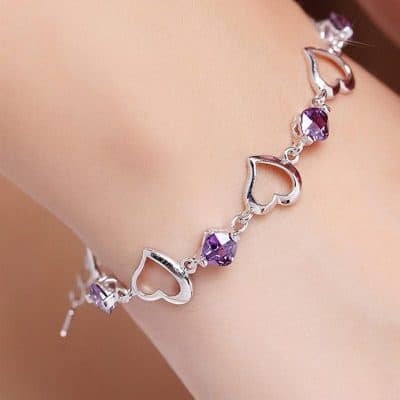 Elegant 925 Sterling Silver Heart & Purple Crystal Zircon Bracelet