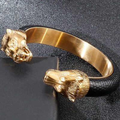 Alternative view of Gold-Plated Stainless Steel Lion Head Cuff Bracelet