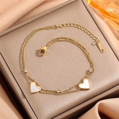 Elegant 316L Stainless Steel Heart-Shaped Anklet with Natural Seashells and Zircon