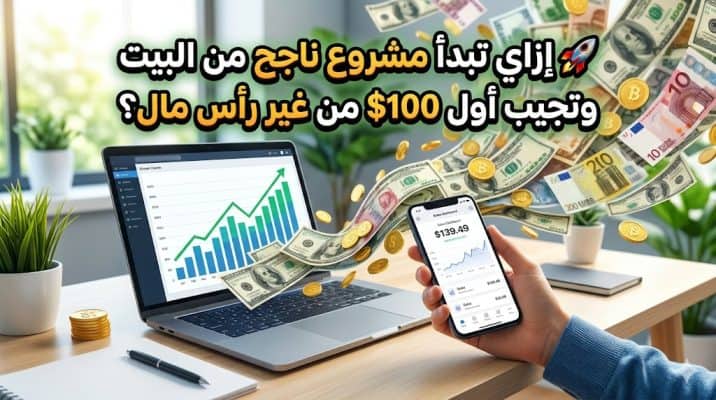Laptop with rising chart and a phone showing stock data, money flying around; Arabic text asks about starting a home-based project to earn $100.