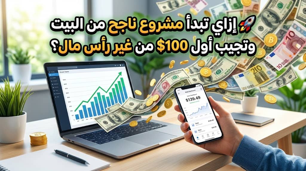 Laptop with rising chart and a phone showing stock data, money flying around; Arabic text asks about starting a home-based project to earn $100.