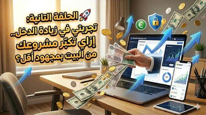 إعلان تعليمي يروّج لزيادة الدخل من المنزل مع نقود ورسوم بيانية متصاعدة وشاشة كمبيوتر وهاتف مُعرضة للبيانات.