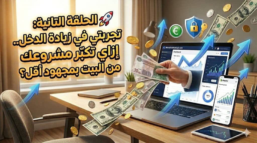 إعلان تعليمي يروّج لزيادة الدخل من المنزل مع نقود ورسوم بيانية متصاعدة وشاشة كمبيوتر وهاتف مُعرضة للبيانات.