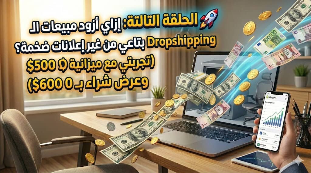 إعلان بالعربية عن دروبشيبينغ مع وعود بربح يصل إلى 500–600 دولار، و${$}يظهر من شاشة الكمبيوتر والهاتف ومخطط نمو مالي.