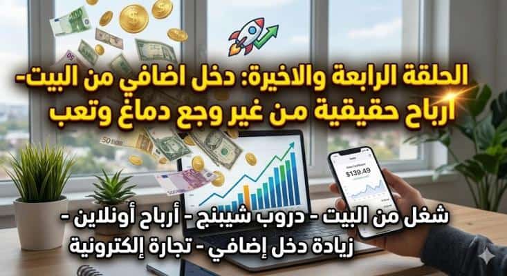 فيديو توعوي عن دخل إضافي من المنزل: لاب توب يعرض مخططاً صاعداً وهاتف يظهر أرقام ربح، مع نقود تتطاير في الخلفية كإيحاء للنجاح المالي.