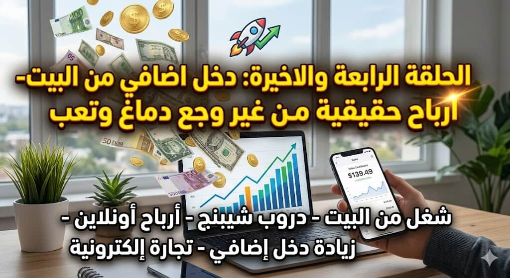 فيديو توعوي عن دخل إضافي من المنزل: لاب توب يعرض مخططاً صاعداً وهاتف يظهر أرقام ربح، مع نقود تتطاير في الخلفية كإيحاء للنجاح المالي.