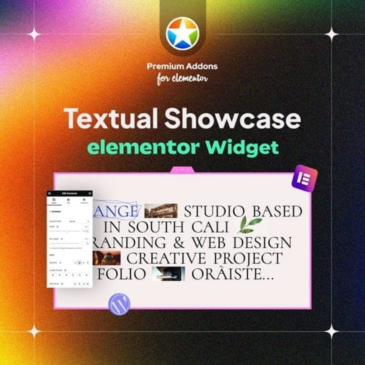 An eye-catching display of Elementor widget customization options with vibrant gradient background and functional icons, perfect for opt Display.