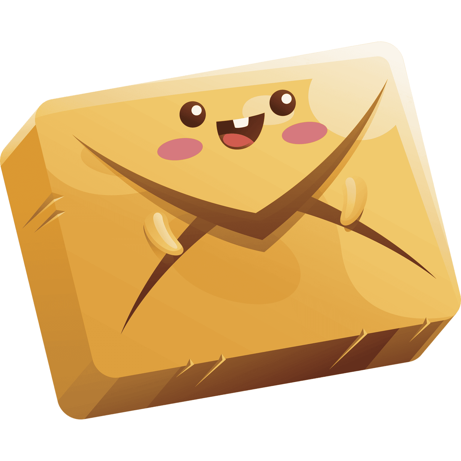 A cute, animated envelope with a cheerful face, pink cheeks, and a big smile, representing friendly and welcoming customer service. Perfect for conveying fun, approachable branding for Monalisa Medical Store.