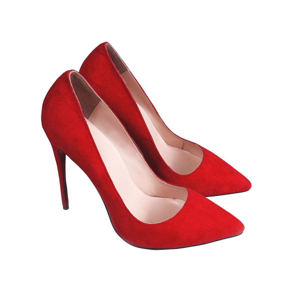High-heeled red stilettos made of luxurious material, perfect for fashion-forward women seeking stylish footwear for parties or formal events.
