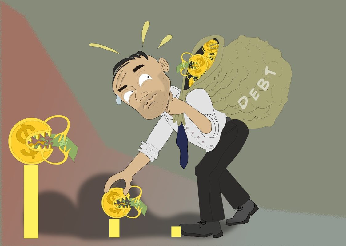 Financial struggle and debt illustration with a businessman carrying a heavy sack labeled "DEBT" filled with gold coins, representing financial burdens and economic challenges.