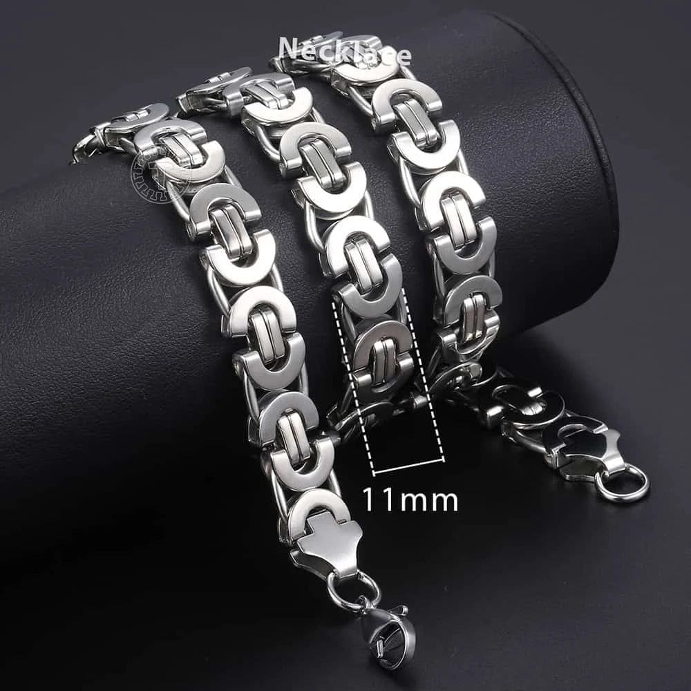 11mm Stainless Steel Flat Byzantine Link Chain Necklace - Image 3