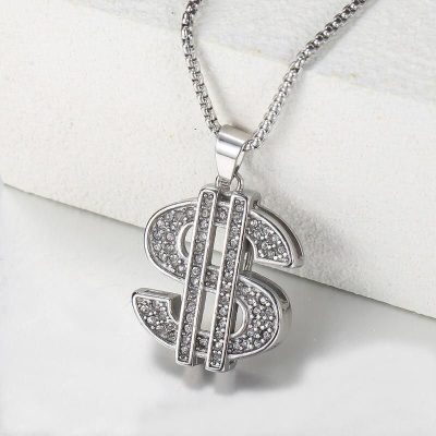 Stylish Gold & Silver CZ Dollar Symbol Pendant Necklace