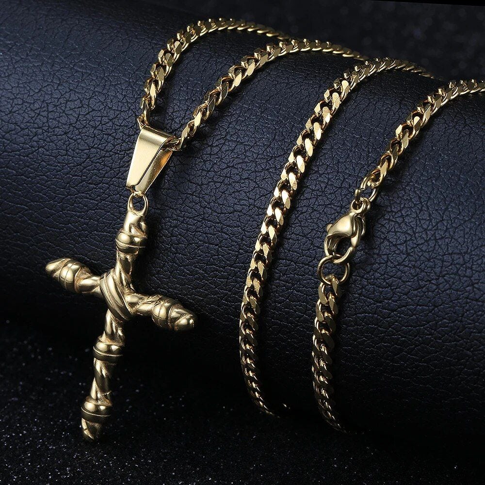 Stainless Steel Cross Pendant Necklace with Cuban Chain - Image 4