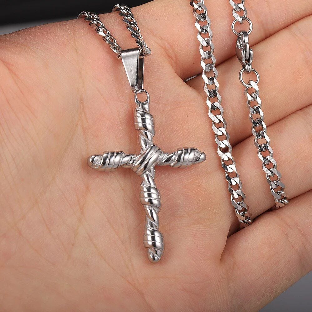 Stainless Steel Cross Pendant Necklace with Cuban Chain - Image 3