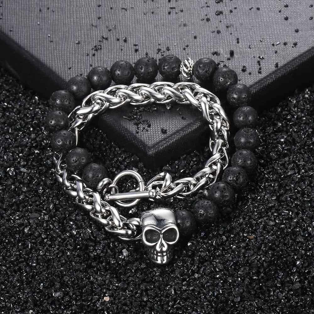 Stylish 8mm Lava Beads Men's Bracelet with Stainless Steel Wheat Link - Image 3