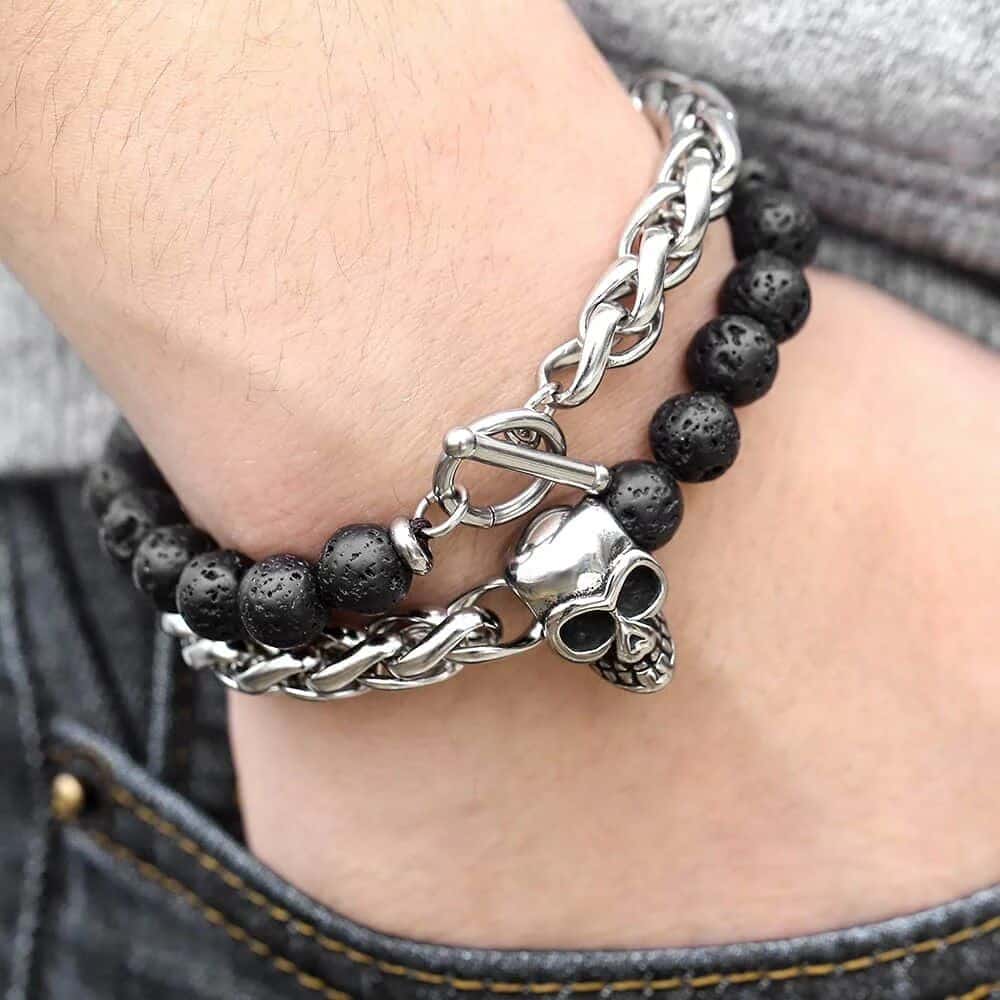 Stylish 8mm Lava Beads Men's Bracelet with Stainless Steel Wheat Link