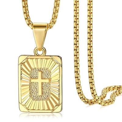 Alternative view of New Gold Square Christian Cross Pendant Necklace