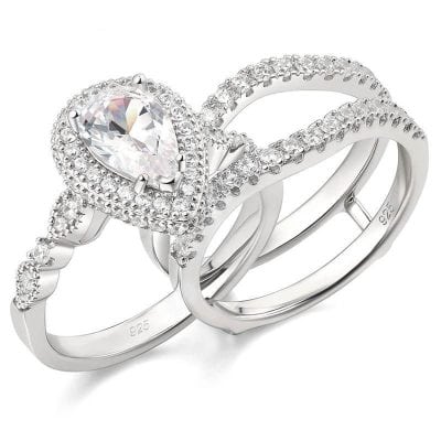 Alternative view of Sterling Silver Pear Cut Zircon Engagement Ring Set