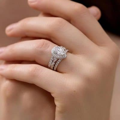 Sterling Silver Pear Cut Zircon Engagement Ring Set