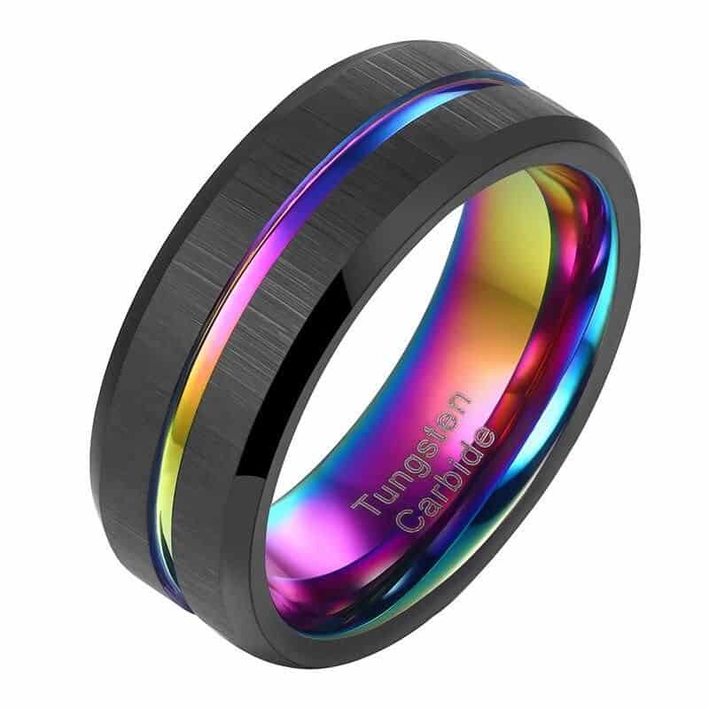 Tungsten Carbide 8mm Black Wedding Band with Rainbow Groove - Image 5
