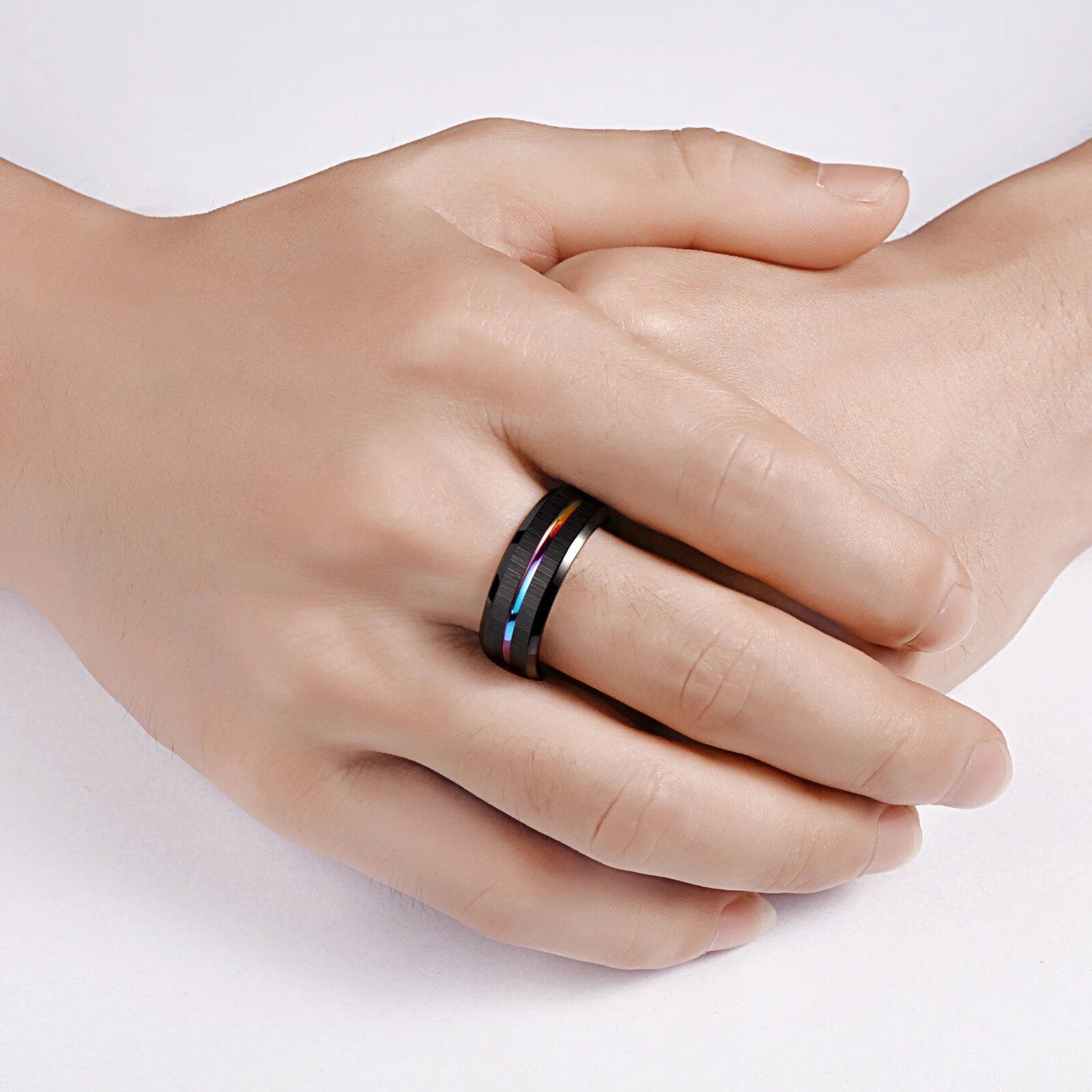 Tungsten Carbide 8mm Black Wedding Band with Rainbow Groove - Image 3