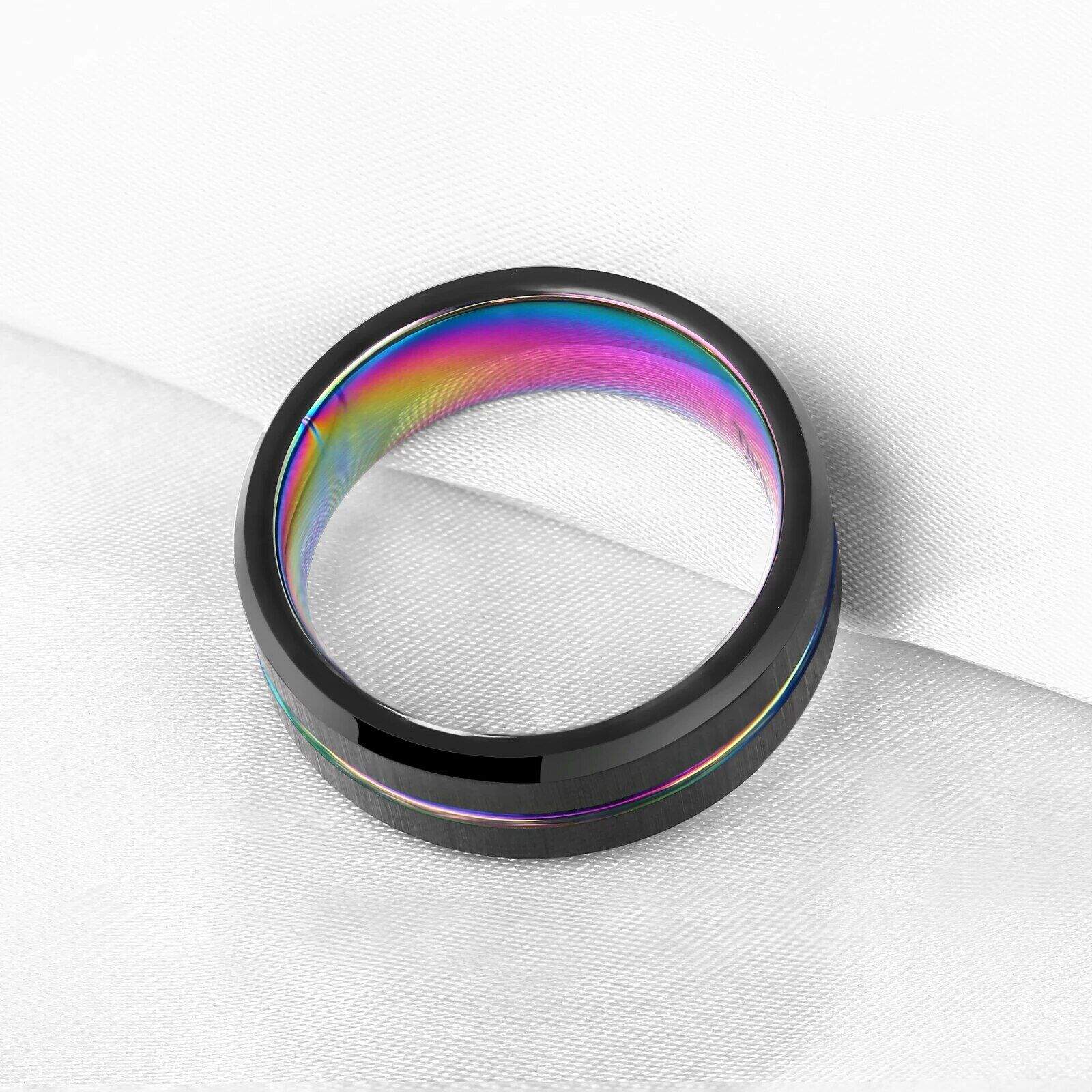 Tungsten Carbide 8mm Black Wedding Band with Rainbow Groove - Image 4
