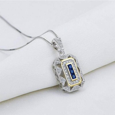 Elegant Vintage 925 Sterling Silver Blue Spinel and Cubic Zirconia Pendant Necklace with 18-Inch Chain