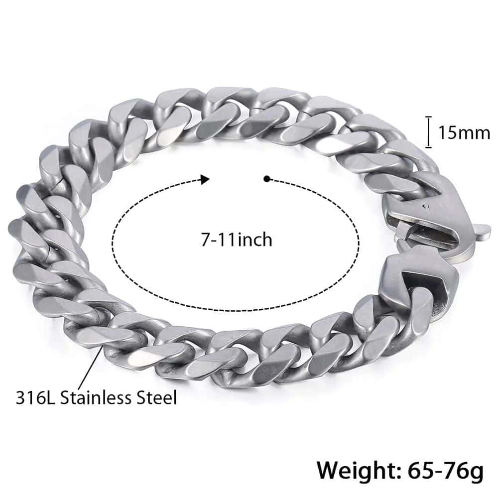 Stylish Matte Silver 15mm Stainless Steel Cuban Link Bracelet for Men - Image 3