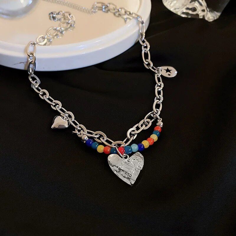 Chic Double Layer Pearl and Metal Necklace with Colorful Love Pendant - Image 6