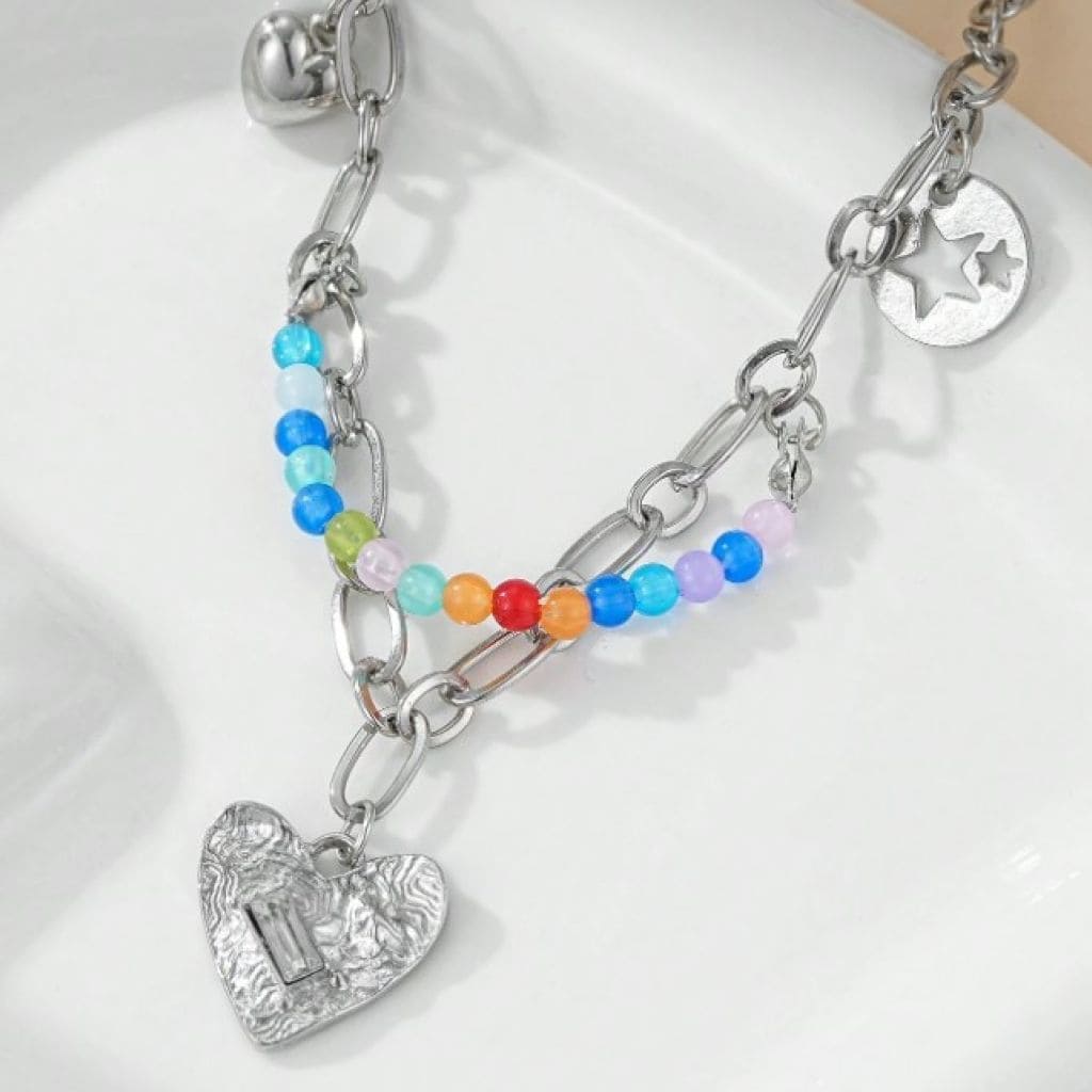 Chic Double Layer Pearl and Metal Necklace with Colorful Love Pendant - Image 3