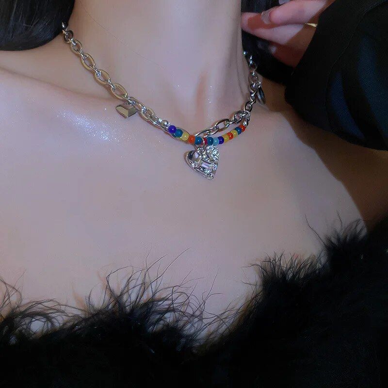 Chic Double Layer Pearl and Metal Necklace with Colorful Love Pendant - Image 4