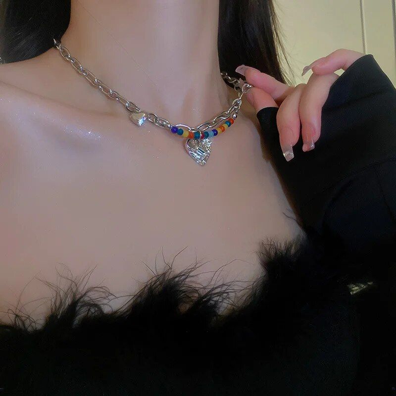 Chic Double Layer Pearl and Metal Necklace with Colorful Love Pendant - Image 5