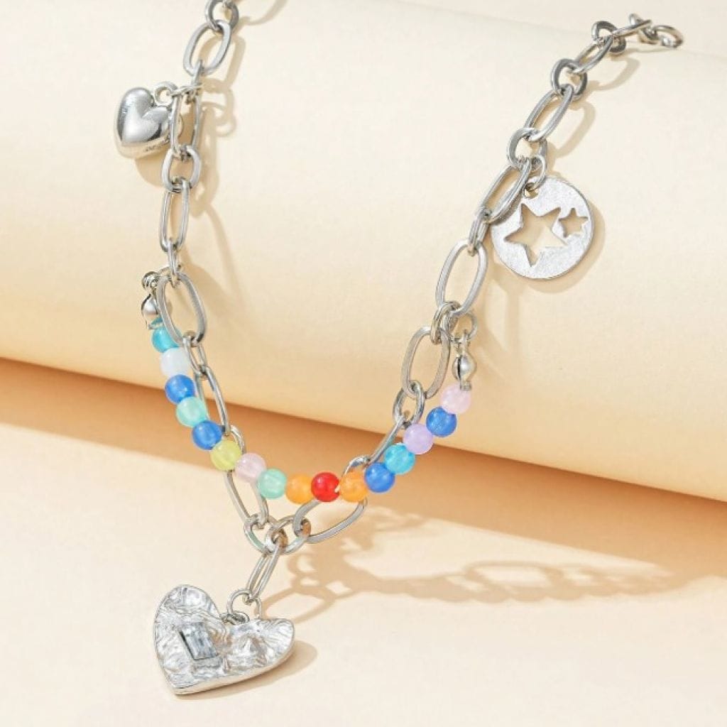 Chic Double Layer Pearl and Metal Necklace with Colorful Love Pendant