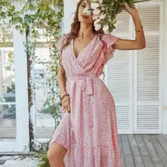 Stylish pink printed maxi dress with waist tie for women’s summer fashion.