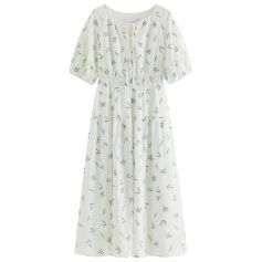 Floral printed dress with puffed sleeves, button details, and a flowy, maxi-length design, ideal for summer and casual occasions. Perfect for a stylish, comfortable look.
