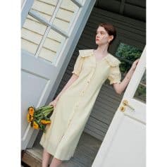 Stylish yellow midi dress featuring ruffled shoulders, button-down front, and comfortable fit, perfect for summer or casual wear from Monalisa Medical.