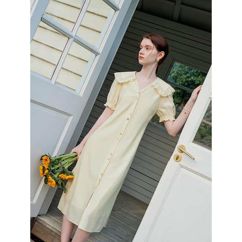 Stylish yellow midi dress featuring ruffled shoulders, button-down front, and comfortable fit, perfect for summer or casual wear from Monalisa Medical.