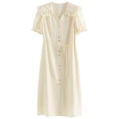 Cream dress with button-down front, short puff sleeves, ruffled collar, and waist tie, perfect for stylish outings and casual wear.