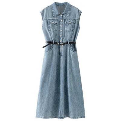 Stylish sleeveless denim maxi dress with button-up front and adjustable belt, perfect for casual and chic looks. Made from high-quality denim fabric, comfortable, versatile, and ideal for everyday wear or outings.